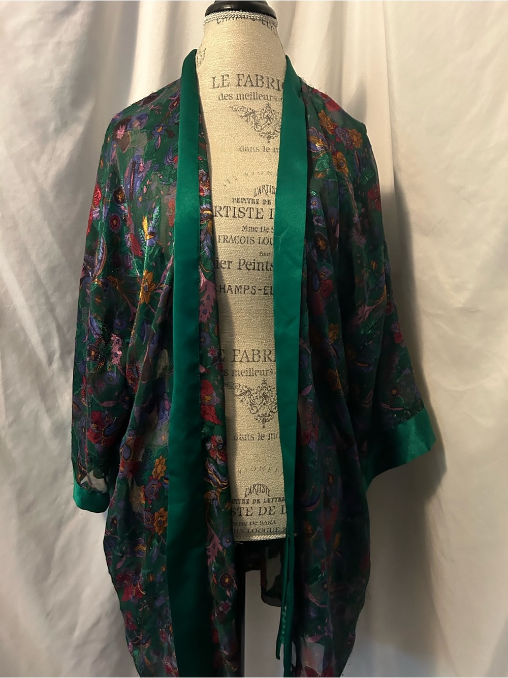 Green Floral Satin Kimono Jacket